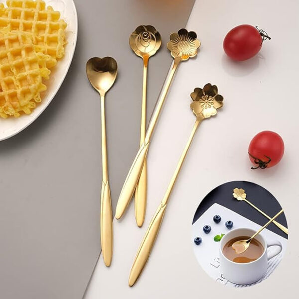 Golden Spoons, Coffee Spoon, Flower Teaspoons, Desserts Spoons, Stainless Steel Reusable Tea Scoops, Spoon Set for Kitchen, Dessert House, Cafe Or Bar (Set of 4 PCS Gold),18 centimeter